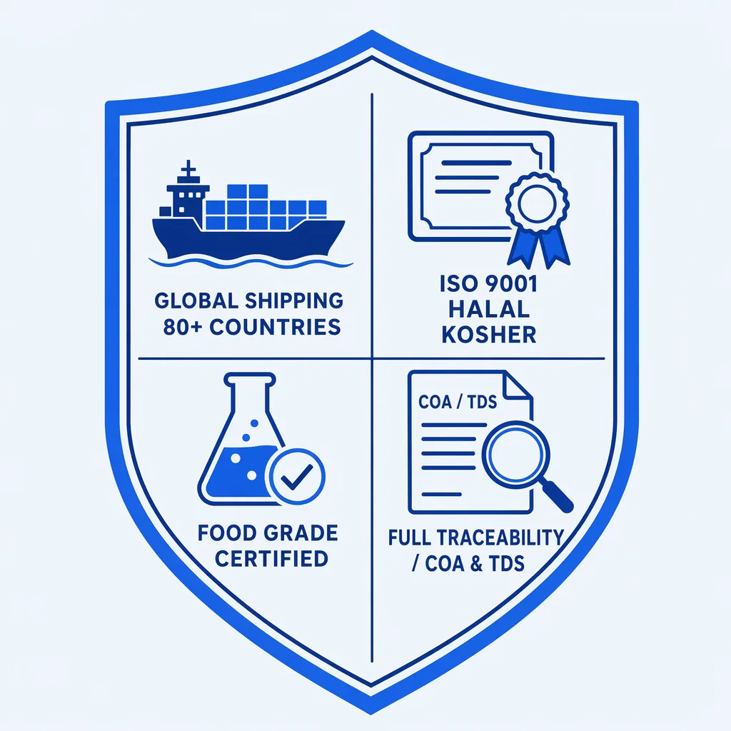 Alkaline Protease quality & certifications badge — ISO 9001, HALAL, KOSHER, Food Grade